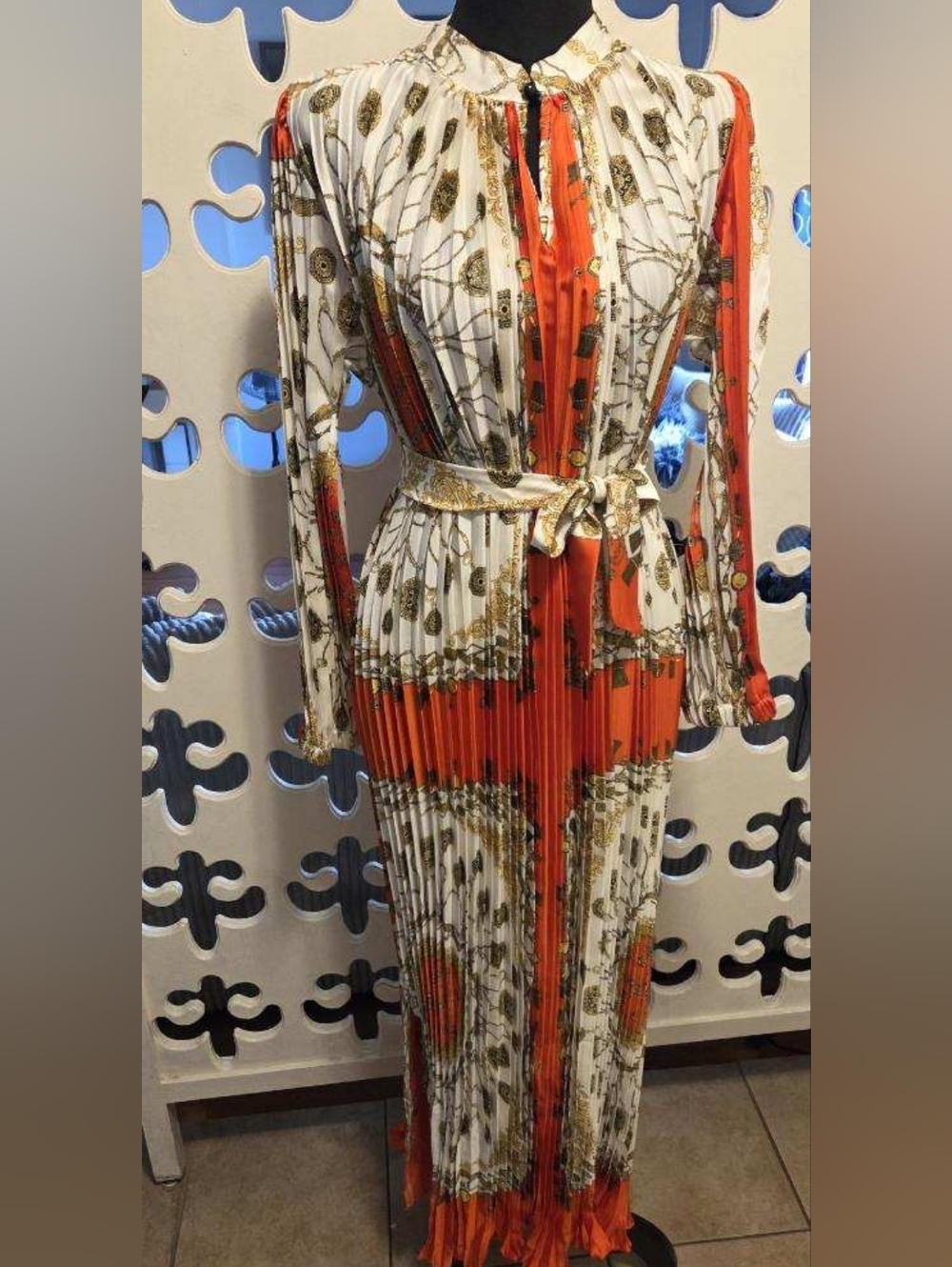 Beulah Orange & Cream Printed Pleated Maxi Dress